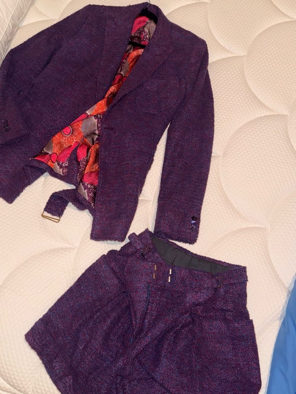 Women's Purple Tweed Blazer and Skirt Suit Jacket Set